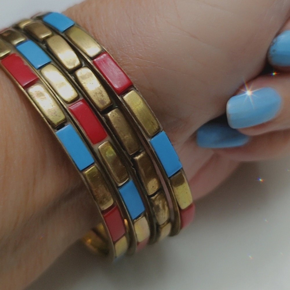Colorful Vtg 4 Bangles/Bracelets Brass Mosaic Inlay Boho Hippie Stackable Retro
